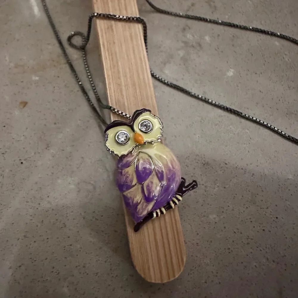 Sterling Silver Hand-Painted Modish Owl with Clear CZ Pendant Necklace